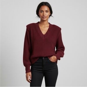 Pistola Camille Strong Shoulder Ribbed VNeck Sweater burgundy merlot Sz S NEW